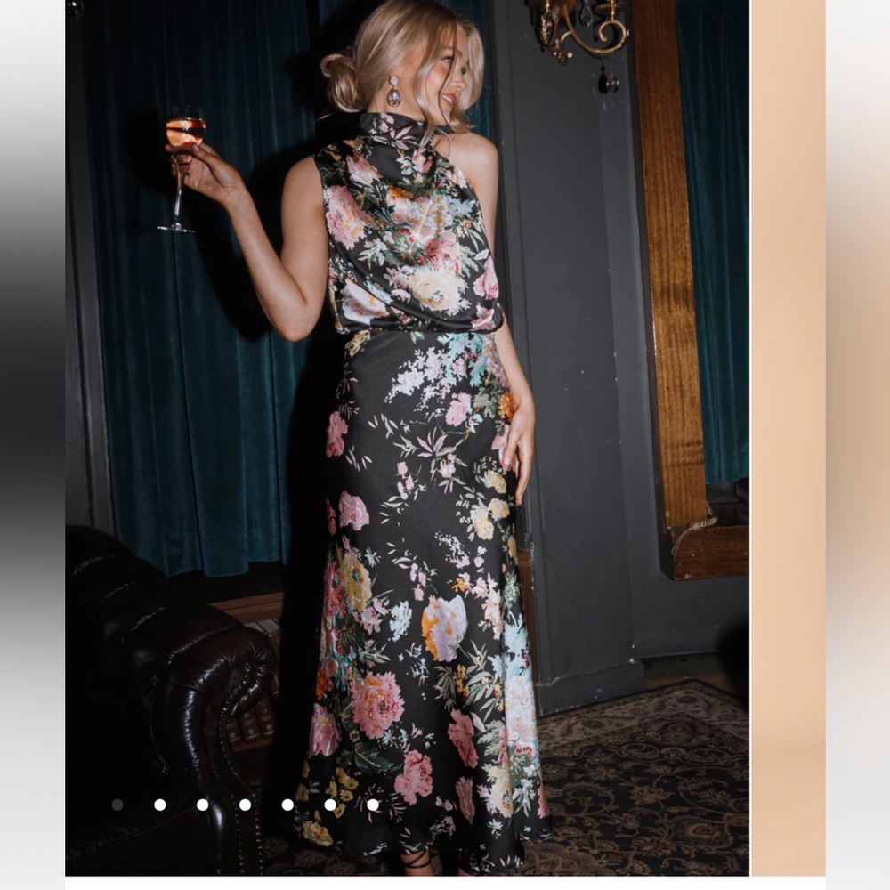 Petal & Pup ANABELLE HALTER NECK MIDI DRESS - BLACK FLORAL
